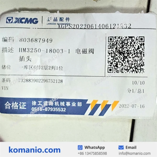 803687949 xcmg solenoid valve plug